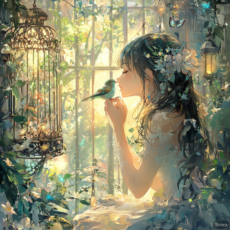 A young woman sitting by a window gazing out at a lush garden while holding a small bird in her hand