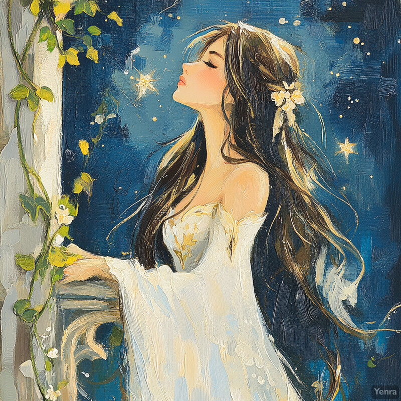 A serene and ethereal painting of a woman gazing at the night sky, surrounded by delicate stars and a rich blue background.