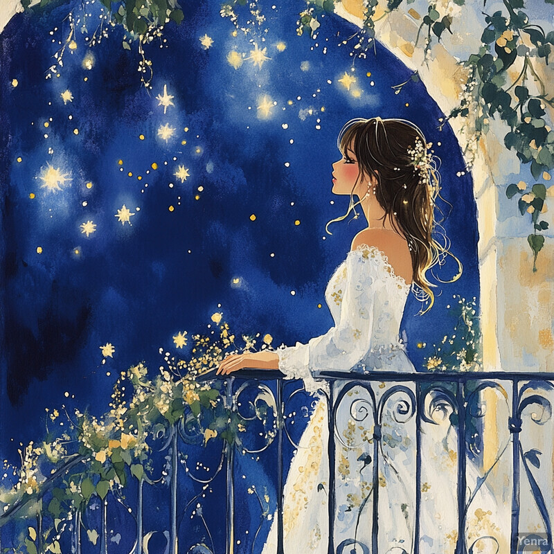 A woman stands on a balcony, gazing up at the starlit sky, surrounded by delicate flowers and vines.