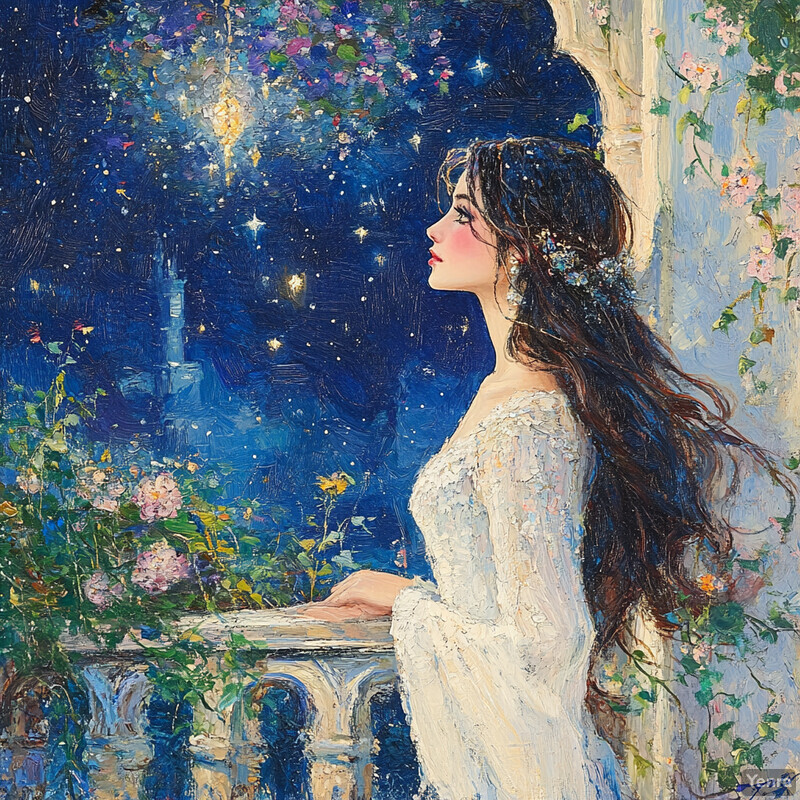 A serene and enchanting painting of a woman standing on a balcony or porch, gazing up at the starlit sky.