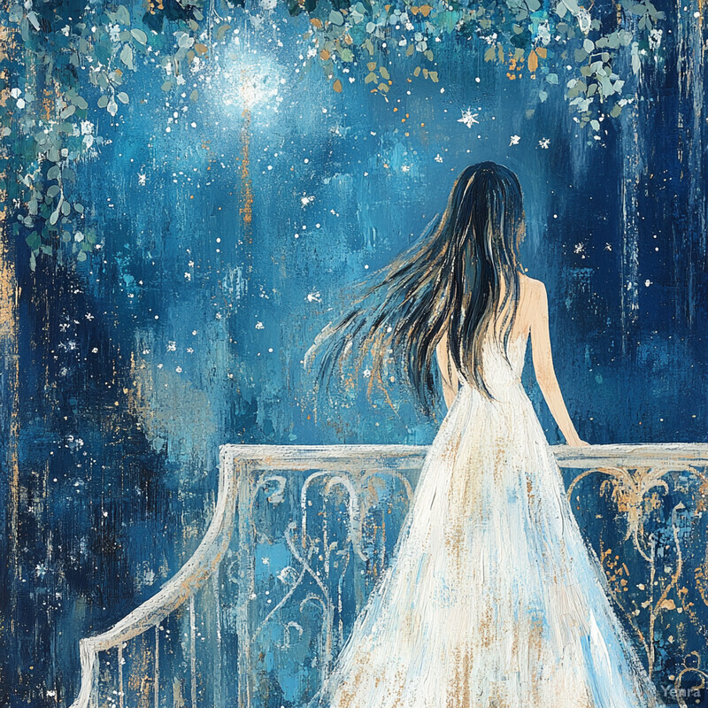 A woman stands on a balcony or porch, gazing out at a starlit night sky in a dreamy and ethereal scene.