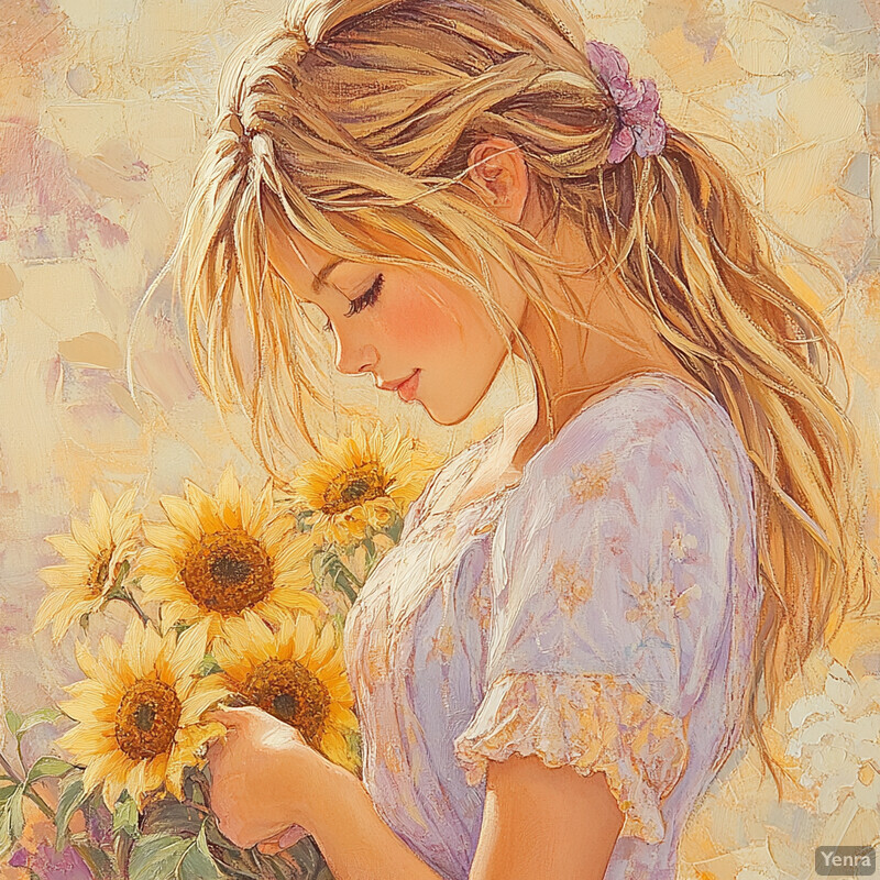 A woman in a light purple dress holds a bouquet of sunflowers, exuding elegance and sophistication.