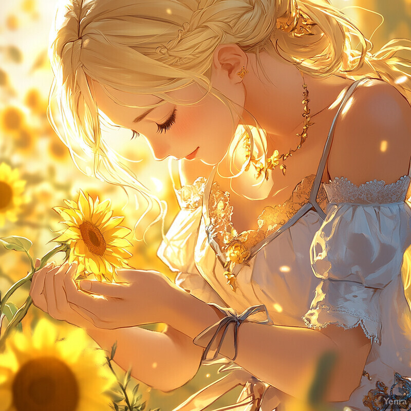 A woman surrounded by sunflowers in a field, enjoying the warmth of the sun on her face.