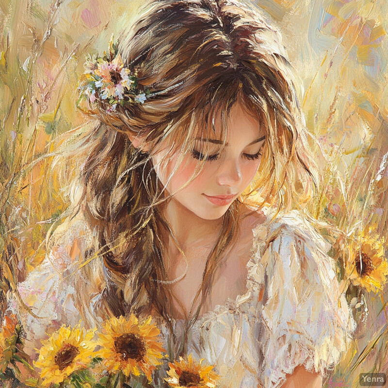 A young woman surrounded by sunflowers in a field, exuding calmness and contentment.