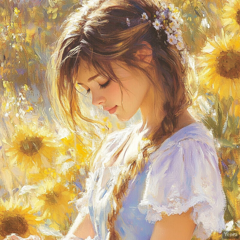 A young woman stands amidst a field of sunflowers, exuding serenity and joy.