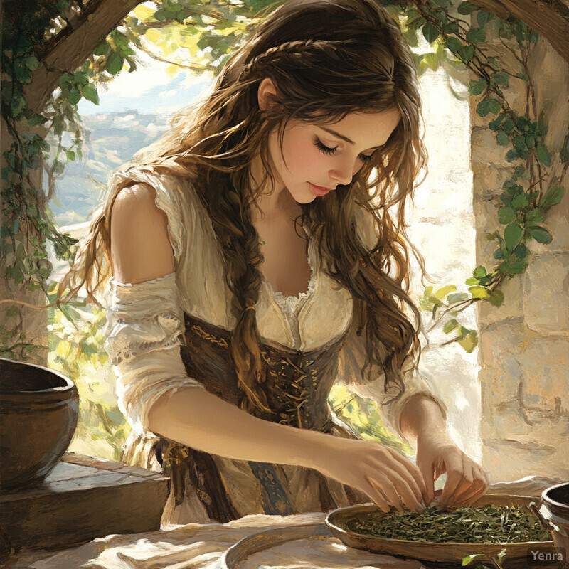 A woman with long brown hair sits at a table surrounded by greenery, carefully placing small green leaves into a wooden bowl.