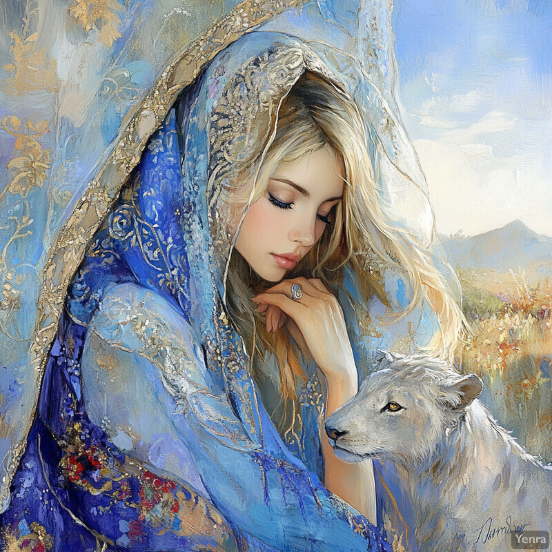 A woman in blue robes stands alongside a white wolf or dog in a serene and dreamy scene.