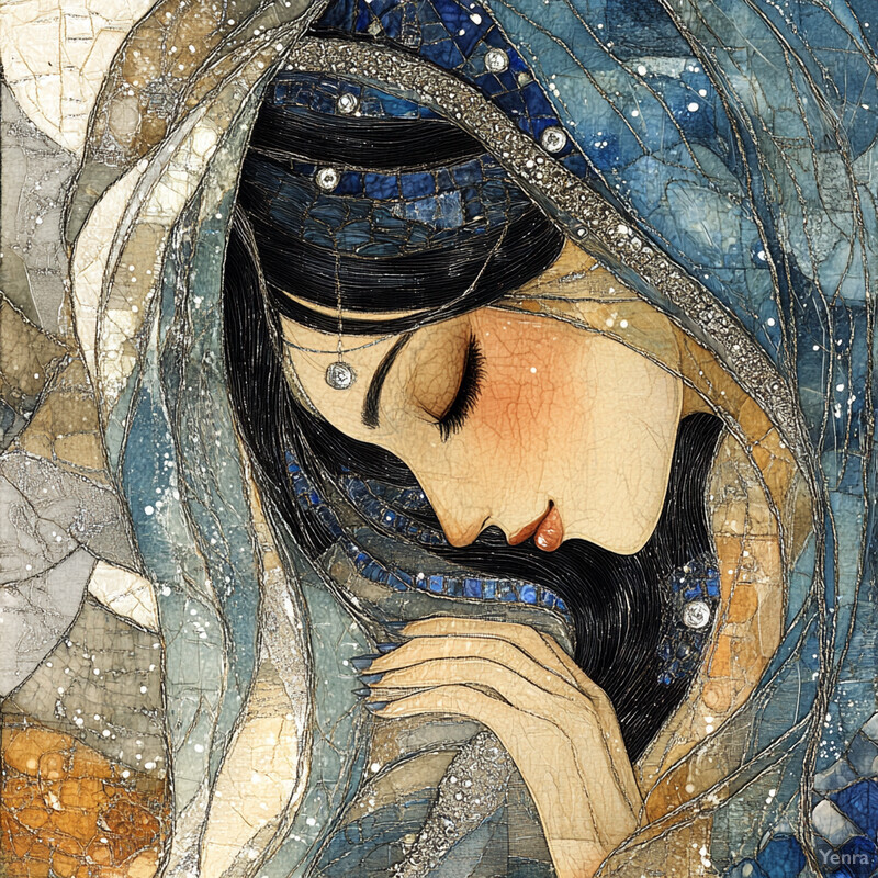 A woman with long black hair and blue headscarf, adorned in jewelry, gazing downward with an air of mystery.