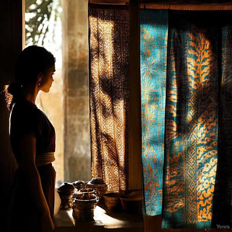 A serene morning scene with a woman standing in front of a window