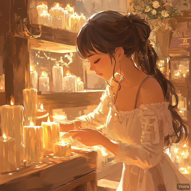 A woman is engaged in candle-making, surrounded by a warm and intimate atmosphere.