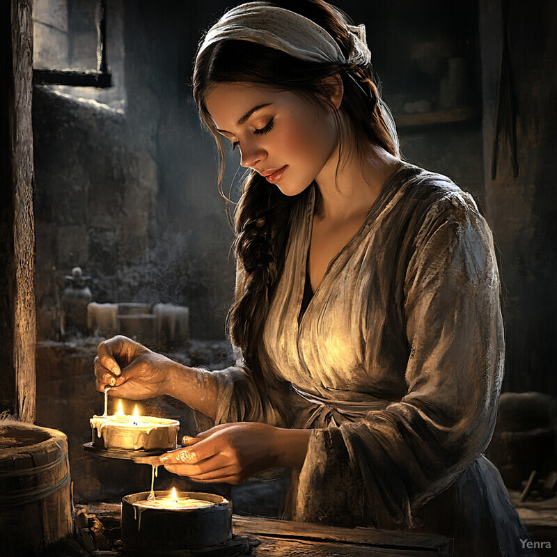 A woman is making candles in an old-fashioned setting.