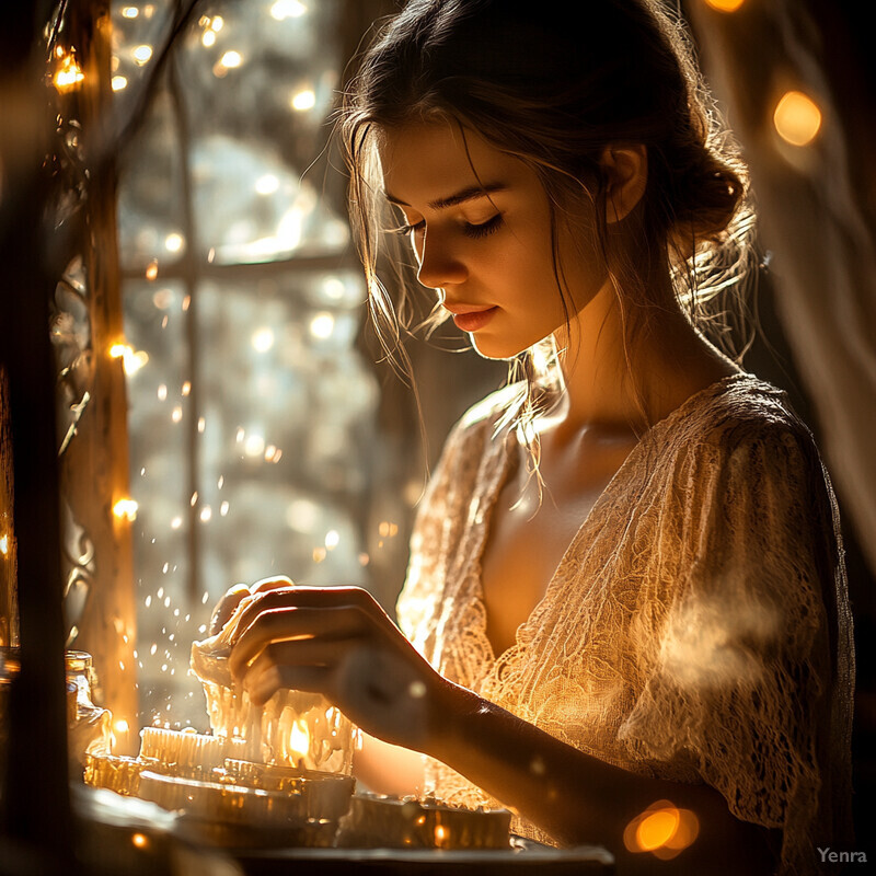 A woman dressed in white lace pours melted wax into a glass container.