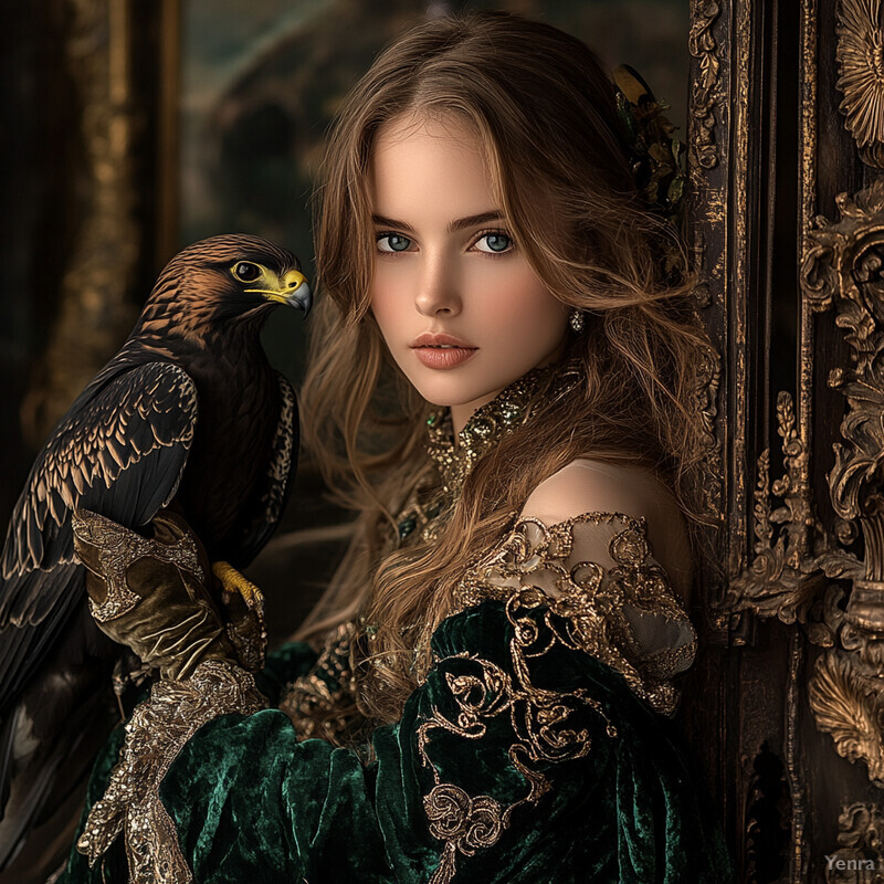 A young girl stands in front of an ornate wall, wearing a green velvet dress with gold embroidery, surrounded by paintings, sculptures, and lush greenery.