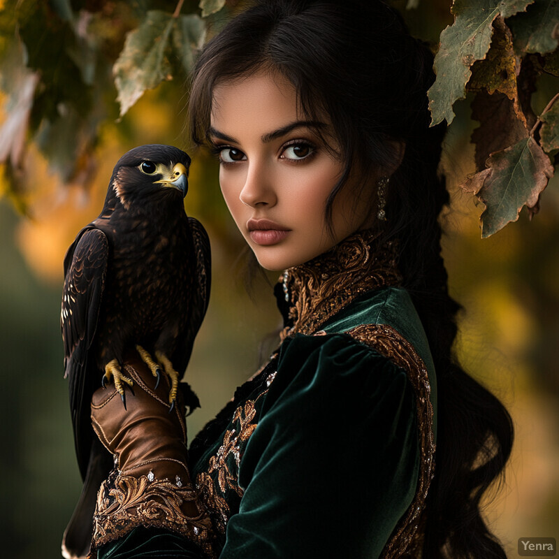 A woman holds a falcon on her arm while wearing a green velvet dress and gold jewelry.