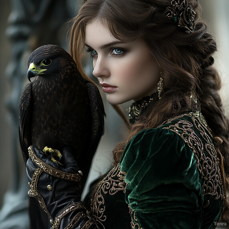 A woman in a green velvet dress holds a black falcon on her gloved hand, exuding confidence and poise.