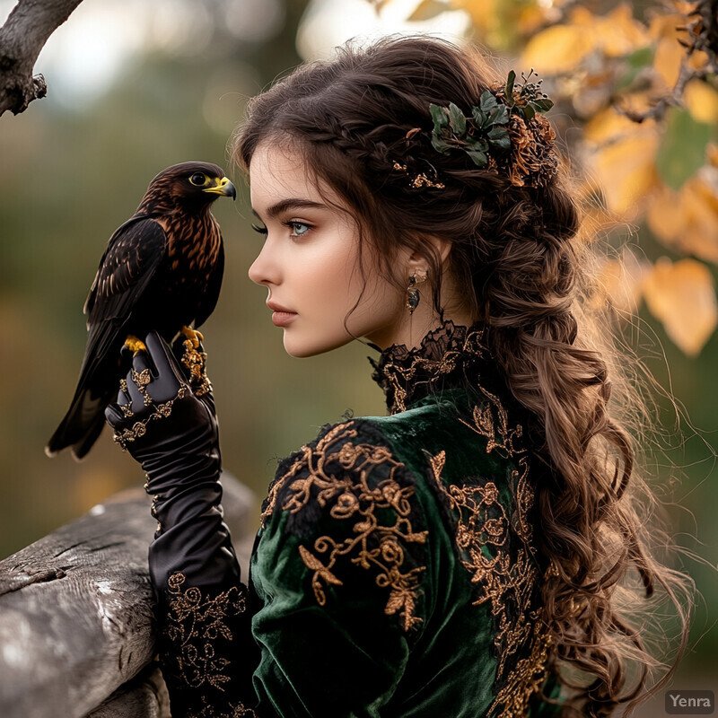 A woman with long brown hair in a braid adorned with flowers, wearing an emerald green velvet dress featuring gold embroidery on the sleeves and high collar, holding a falcon perched on her right hand while resting it against a wooden fence.