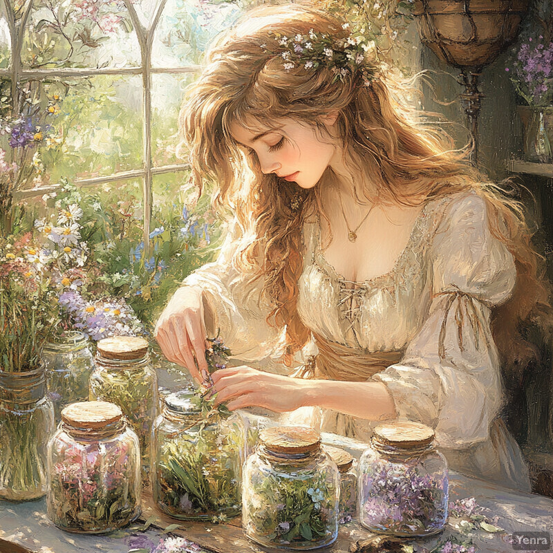 A woman surrounded by flowers in a serene atmosphere