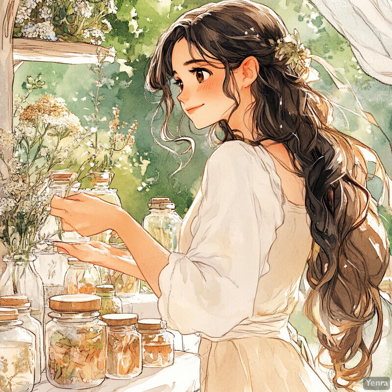 A woman stands amidst an array of glass jars filled with dried herbs and flowers, exuding elegance and refinement.