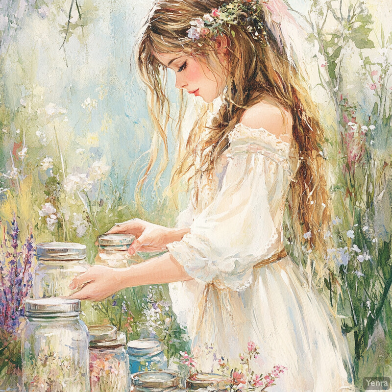 A serene painting of a woman collecting dried herbs and flowers in a natural setting