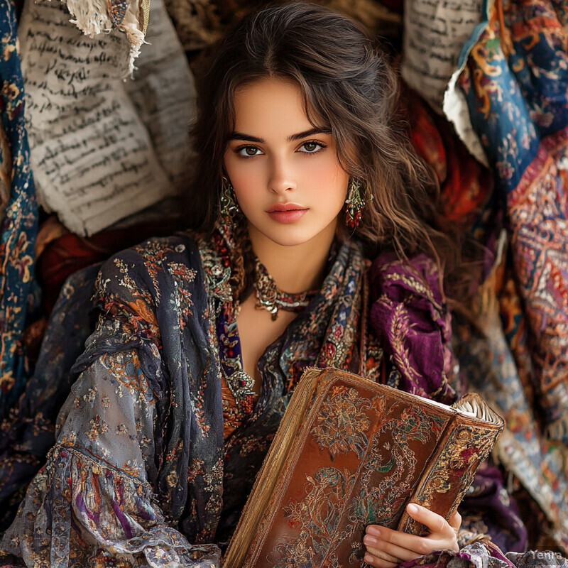 A young woman sits on the floor, holding a large leather-bound book and surrounded by rugs or tapestries with handwritten text.