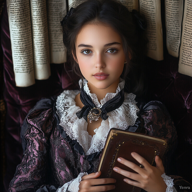 A young woman holds a book adorned with gold filigree in front of a library or study background.