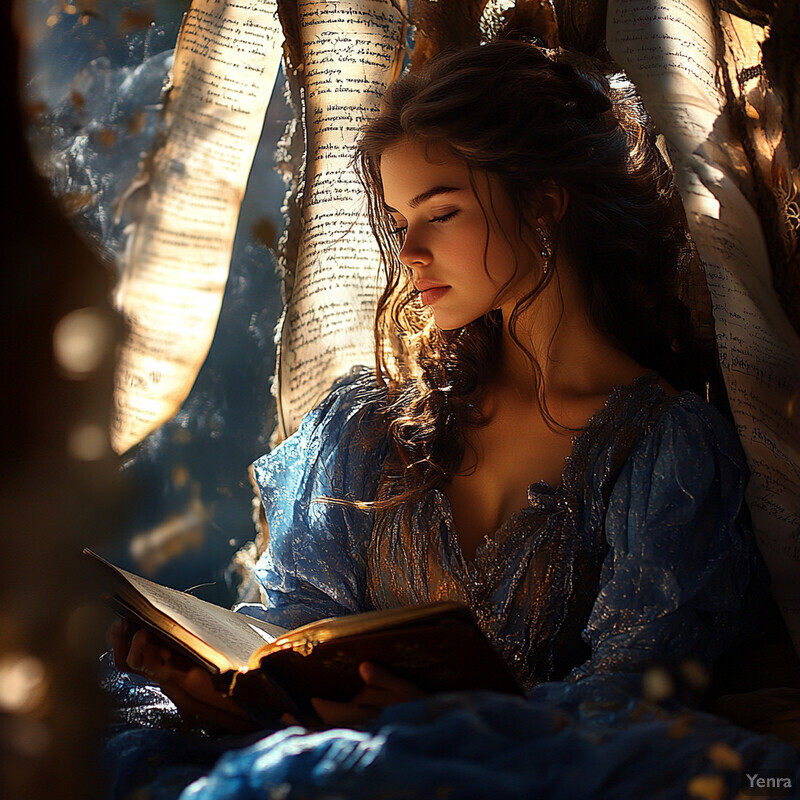 A woman sits in front of a tree, surrounded by leaves and flowers, reading or writing in her journal.