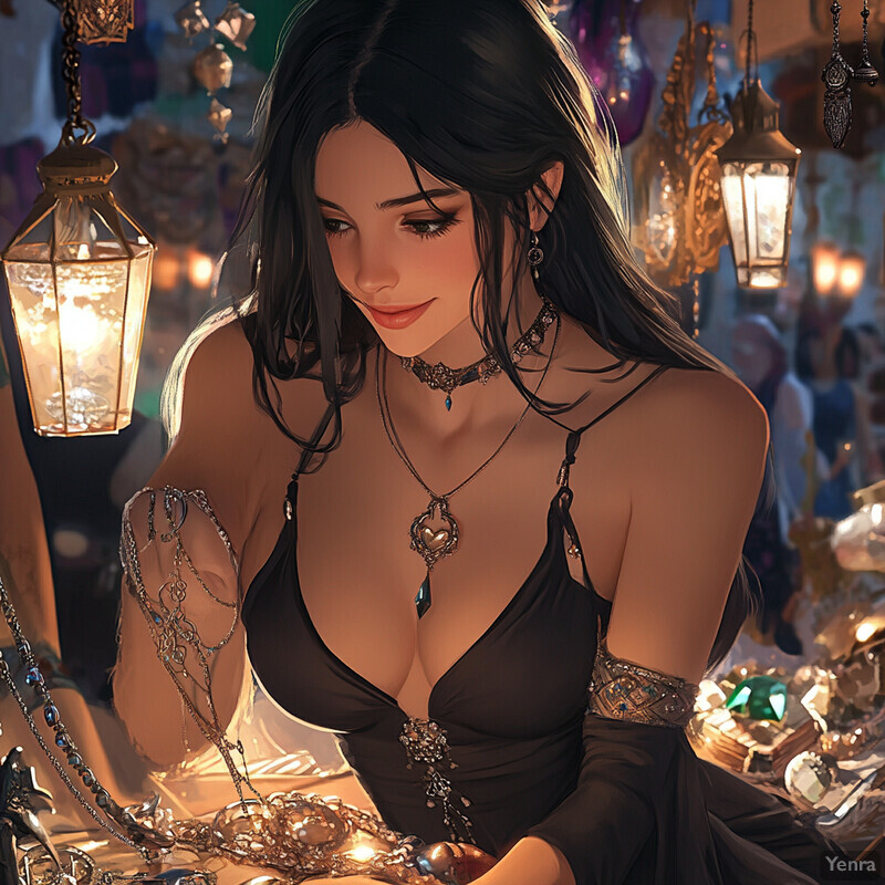 A woman with long black hair and a black dress examines various objects on a table, surrounded by an air of mystery and intrigue.