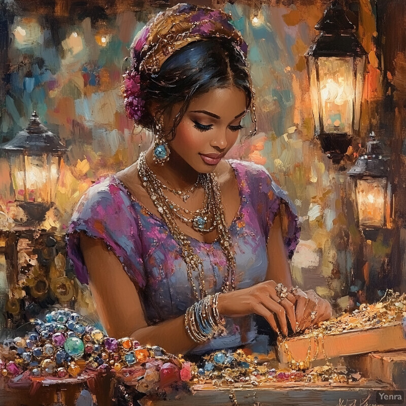 A woman surrounded by an assortment of jewelry and gems in various colors, creating an atmosphere of opulence and luxury.