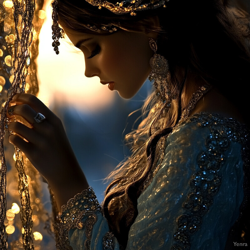 A woman in an ornate blue dress and headpiece, surrounded by a dark, mysterious forest.