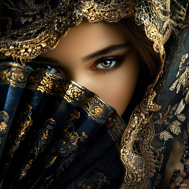 A woman with one eye visible through a slit in her black and gold headscarf or veil gazes directly at the camera, creating a sense of mystery and intrigue.