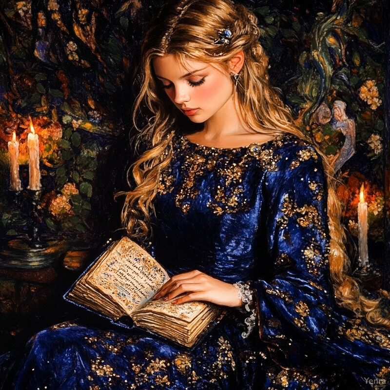 A woman reads an old book in a serene setting surrounded by candlelight and greenery.