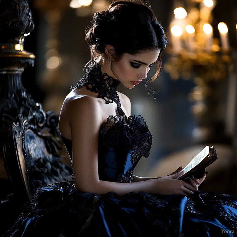 A woman in a dark blue dress sits on an ornate chair, holding a book or tablet, surrounded by luxury and sophistication.