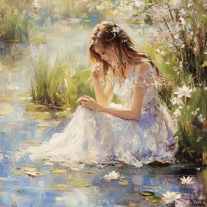 A serene painting of a woman by a body of water