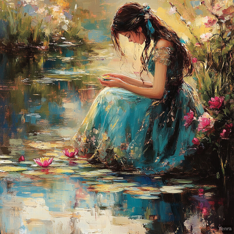 A young girl sits by a pond, surrounded by lush greenery and vibrant flowers, exuding peace and tranquility.