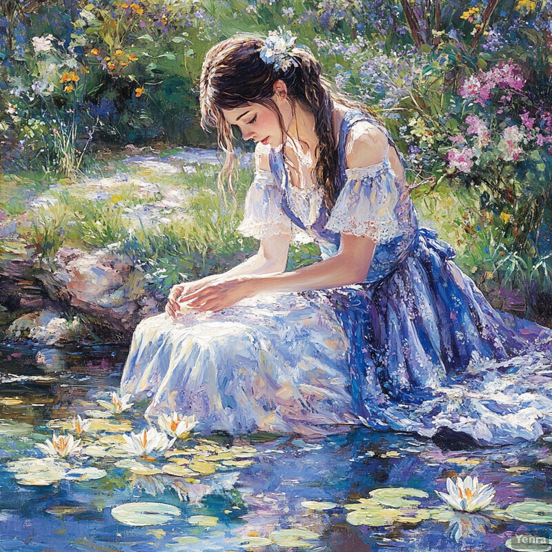 A serene scene of a woman sitting by a pond surrounded by vibrant flowers