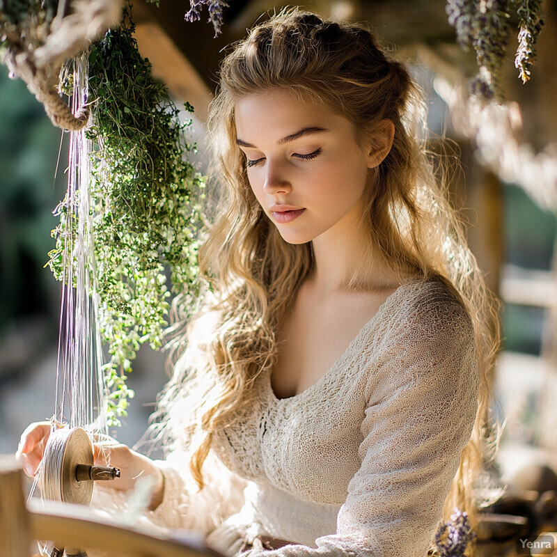 A young woman with long blonde hair and a white lace top is engaged in an activity involving a spool of thread or yarn outdoors.