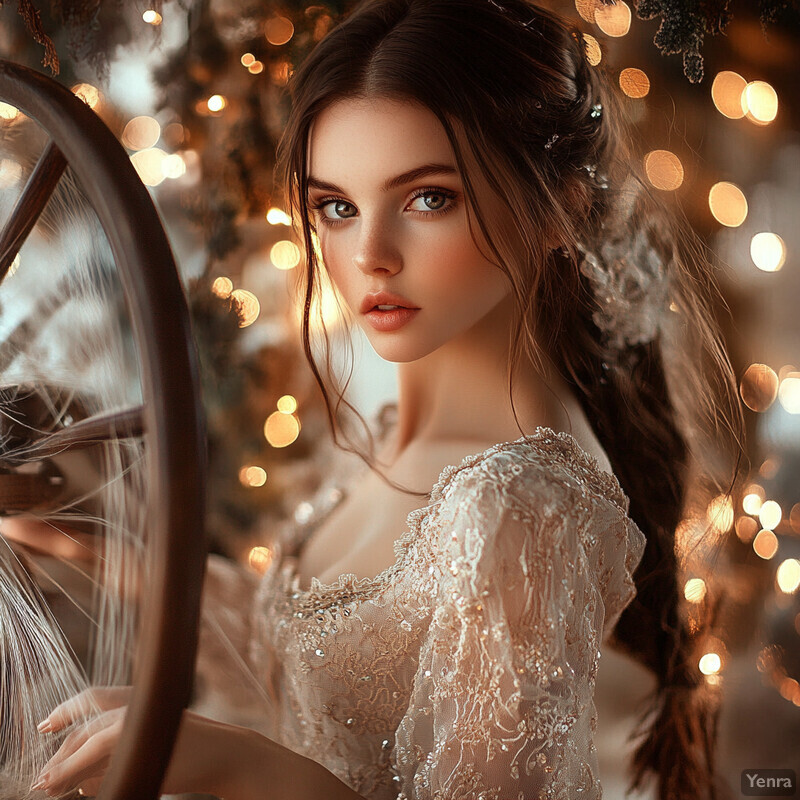 A woman with long brown hair and a lace wedding dress poses for a photograph in a warm and inviting setting.