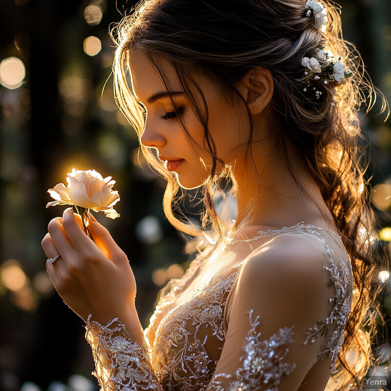 A woman in a wedding dress holds a rose, with her face blurred out.