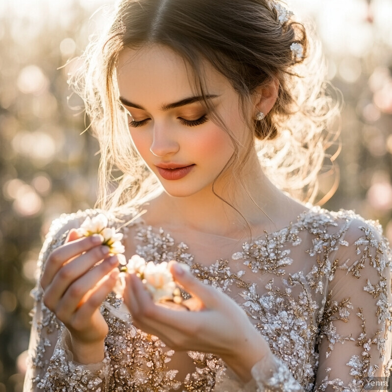 A young woman in a wedding dress stands elegantly in a lush green forest.