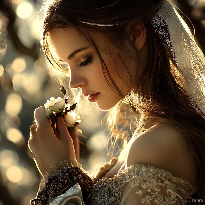 A serene and ethereal image of a woman in a wedding dress holding white roses to her nose, surrounded by soft focus and a dreamy atmosphere.