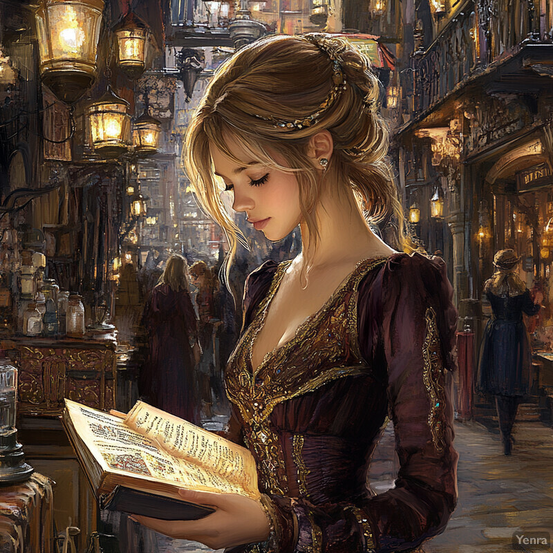 A woman in a purple dress stands in an old-fashioned shop or library, holding an open book.