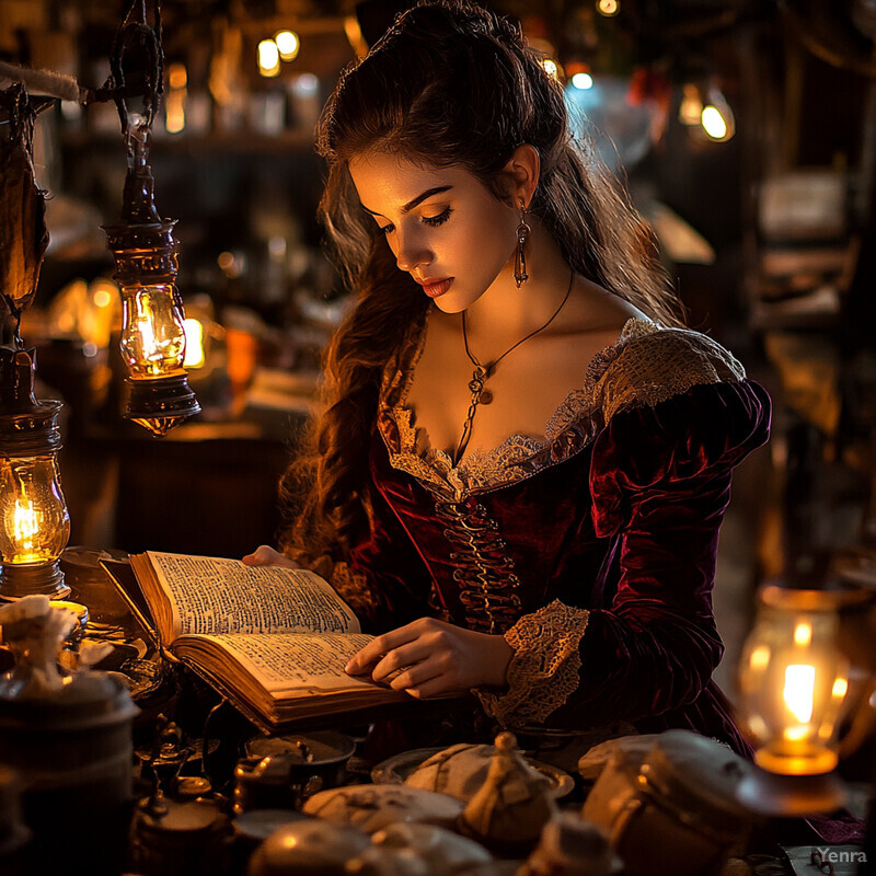 A woman reads an open book surrounded by objects and artifacts.