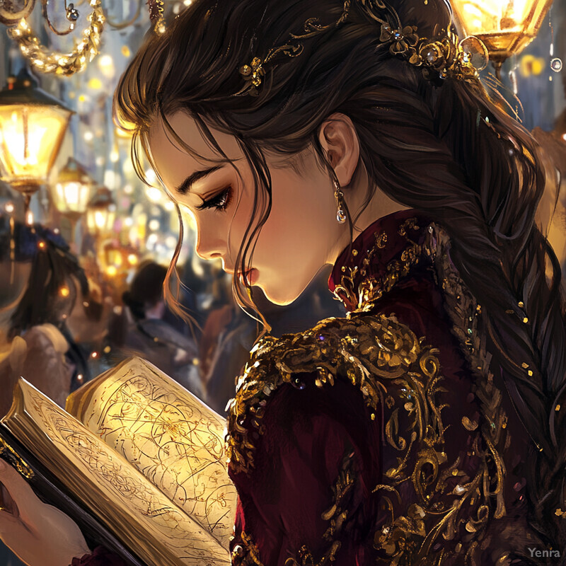 A woman in a lavish red and gold dress holds a book on a city street at night, surrounded by street lamps.