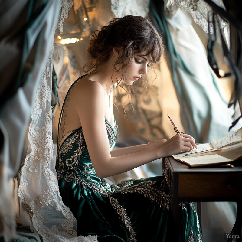 A woman sits at a desk, writing in an open book, surrounded by elegance and sophistication.