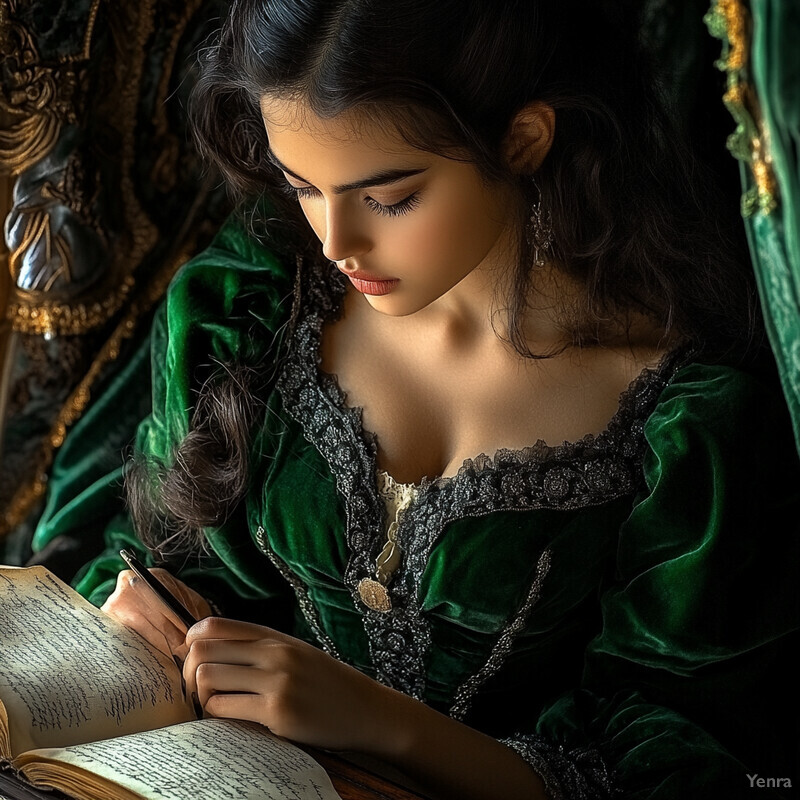 A woman writes with a pen in hand, surrounded by ornate furnishings and rich fabrics, exuding an atmosphere of quiet contemplation.