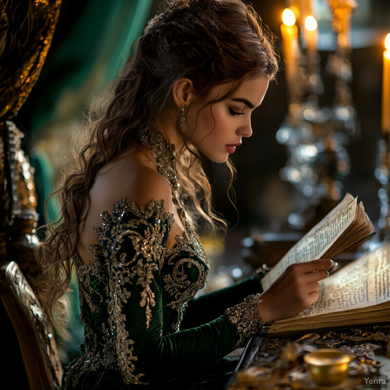 A woman with long, wavy brown hair and a green dress adorned with gold embroidery sits at a table reading a book.