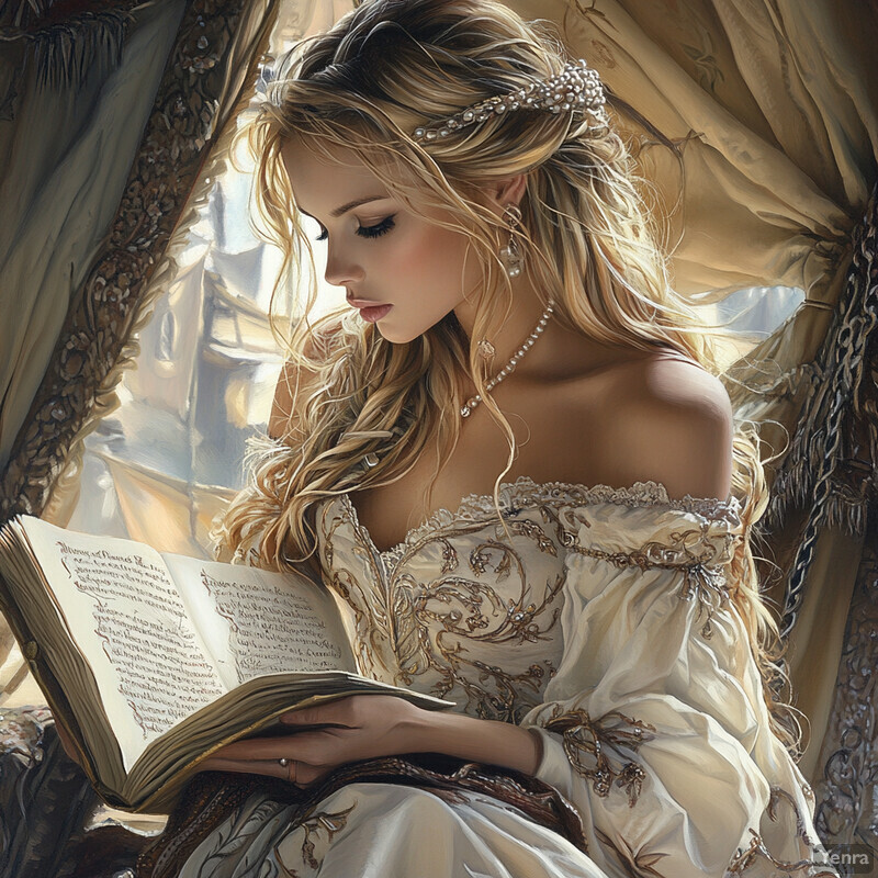 A young woman with long blonde hair reads from an old book in a formal setting.