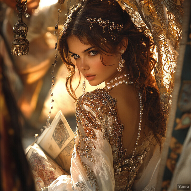 A woman with long dark hair wears an ornate dress and headpiece, exuding elegance in a blurred outdoor setting.