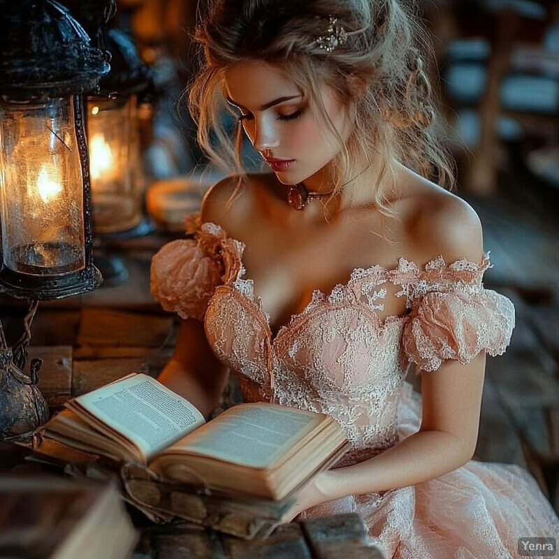 A young woman reads a book surrounded by vintage lanterns and books