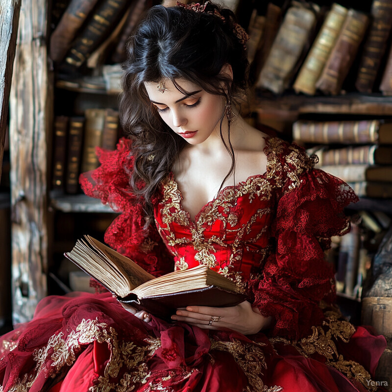 A woman in a red and gold gown sits in front of a bookshelf, holding a large book open to an illustrated page.